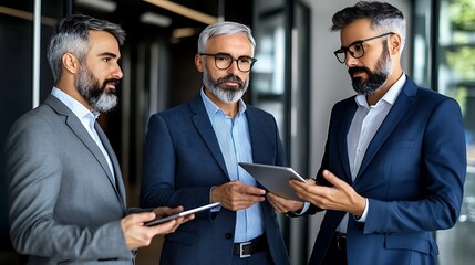 Three mature Caucasian men in smart attire discuss a project, showcasing teamwork with digital devices in a modern office setting.