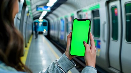 woman holding showing smartphone with green screen in blurred subway train, perfect for showcasing apps and mobile technology, vertical phone orientation, travel and navigation - Powered by Adobe