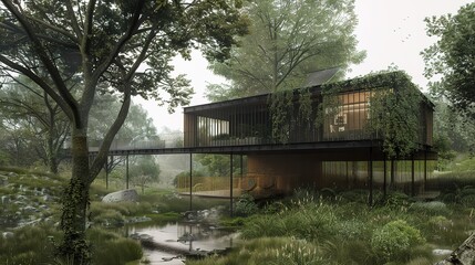 Obraz premium Modern house on stilts nestled in a lush, green forest with a tranquil pond.
