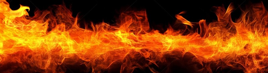 Fototapeta premium Horizontal banner of fire flames on a black background with ample copy space for text, showcasing abstract textures of orange and yellow flames, ideal for hot energy concepts.