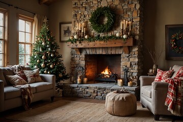 Fototapeta premium A fireplace with christmas decorations in a rustic and cozy living room