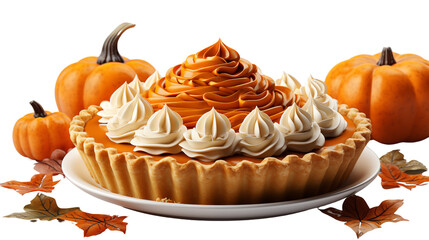 Thanksgiving pumpkin pie isolated on transparent background.