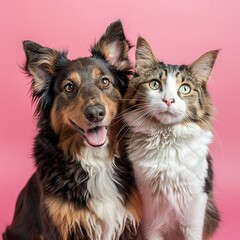 Fototapeta premium A dog and a cat posing together against a pink background, showcasing friendship.