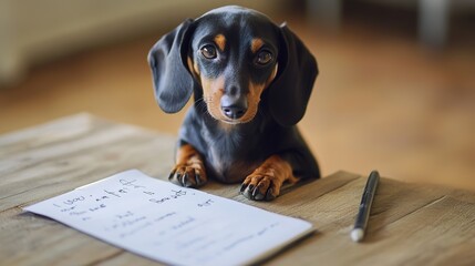 Adorable dachshund with a note saying "You are the best," showcasing a heartwarming and cute gesture. The dog is lovingly depicted, holding or standing beside the note, 