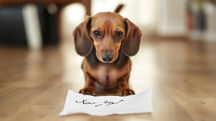 Adorable dachshund with a note saying "You are the best," showcasing a heartwarming and cute gesture. The dog is lovingly depicted, holding or standing beside the note, 