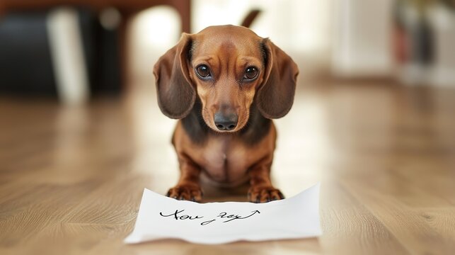 Adorable dachshund with a note saying "You are the best," showcasing a heartwarming and cute gesture. The dog is lovingly depicted, holding or standing beside the note, 
