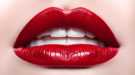 Obraz premium Passionate red lips. Opened mouth. Beautiful makeup close up. Macro photography, small depth of field