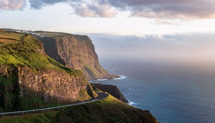 dramatic views of huge, steep cliffs, with winding paths crisscrossing the slopes. generative ai