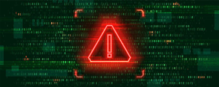 Danger sign. Hacked system or cyber attack. Warning symbol on the screen. Vector illustration.