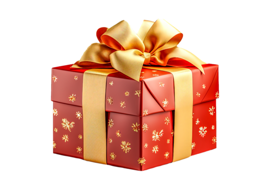 Rote Geschenkbox mit einer festlichen goldenen Schleife, freigestellt vor transparentem Hintergrund, Generative AI