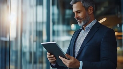 Fototapeta premium A middle-aged Caucasian man with a beard, dressed in a suit, smiles while using a tablet in a modern office with large windows and natural light.