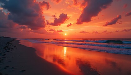 Stunning Sunset Over Calm Ocean with Vibrant Red and Orange Sky Reflecting on Serene Beach Shoreline - Tranquil Nature Scene Captured at Golden Hour