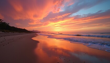 Obraz premium Stunning Sunset Over Calm Ocean with Vibrant Red and Orange Sky Reflecting on Serene Beach Shoreline - Tranquil Nature Scene Captured at Golden Hour