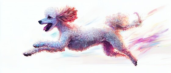 Obraz premium White poodle dog leaping dynamically with colorful paint splatters and motion blur on a clean white background.