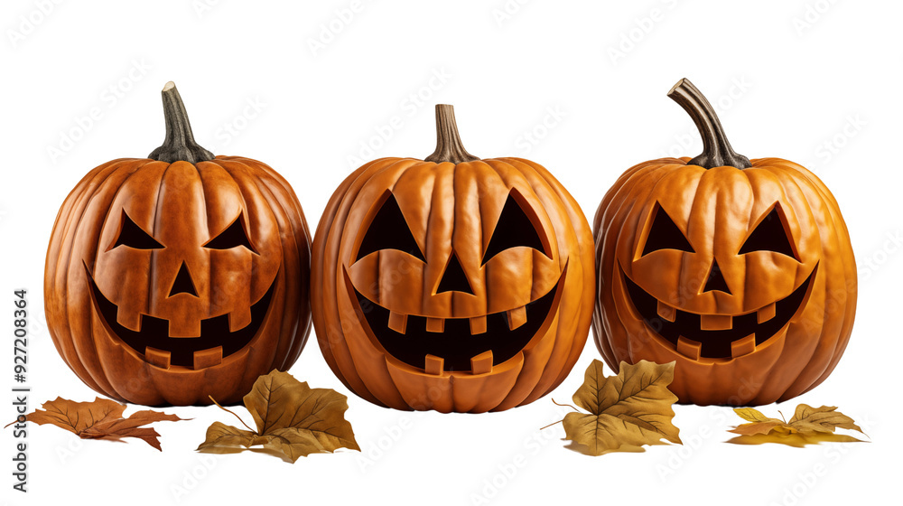 Wall mural three halloween jack-o-lantern pumpkin with autumn leaves isolated on transparent background.