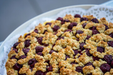 Fresh homemade cherry crumble cake