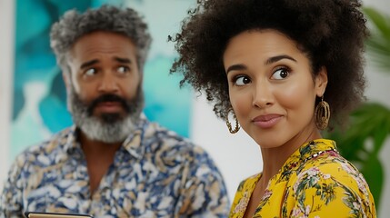 A smiling biracial woman with curly hair and earrings engages with a man with gray hair and beard, both dressed in colorful shirts, exuding a lively atmosphere.