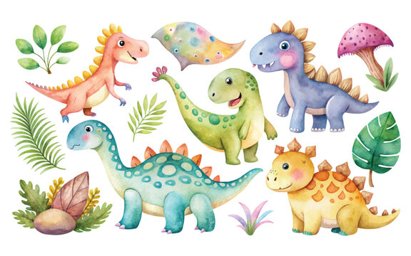 cute funny watercolor dinosaur set on a white background, vintage type vector illustration