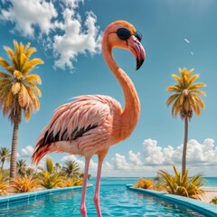 A stylish flamingo stands confidently by a luxurious pool, wearing black sunglasses.