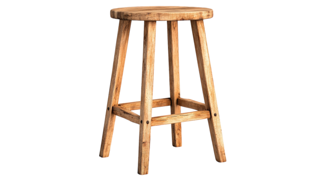 A rustic wooden stool with a simple design, perfect for any home decor. Ideal for kitchens, bars, or outdoor settings.