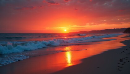 Stunning Sunset Over Calm Ocean with Vibrant Red and Orange Sky Reflecting on Serene Beach Shoreline - Tranquil Nature Scene Captured at Golden Hour