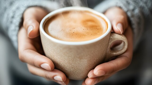 A close-up of hands holding a steaming cup of coffee