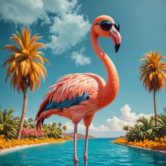 A stylish flamingo stands confidently by a luxurious pool, wearing black sunglasses.