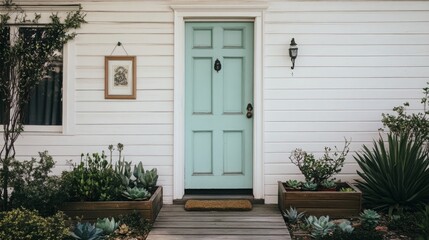 Inviting Entryway: Aesthetic Front Door of an Off-White House with Green Accents and Lush Succulents