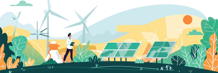 Obraz premium A woman stands with a tablet, assessing solar panels and wind turbines in a tranquil natural setting