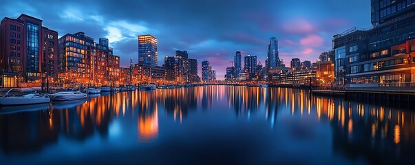 Obraz premium Evening cityscape with warm lights, reflecting on the water, capturing the calm yet vibrant energy of a modern urban environment Aesthetic Urban Nightscape, Reflections in the city