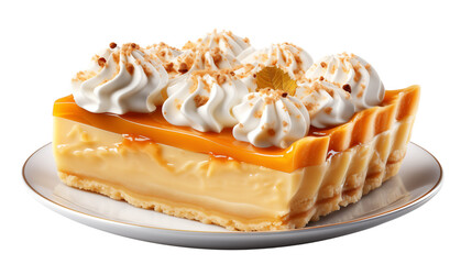 Very beautiful piece of pumpkin pie with cream decor, side view isolated on transparent background.