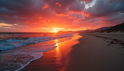 Stunning Sunset Over Calm Ocean with Vibrant Red and Orange Sky Reflecting on Serene Beach Shoreline - Tranquil Nature Scene Captured at Golden Hour