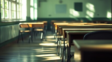 Empty classroom with rows of wooden desks. Back to school concept