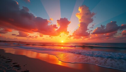 Stunning Sunset Over Calm Ocean with Vibrant Red and Orange Sky Reflecting on Serene Beach Shoreline - Tranquil Nature Scene Captured at Golden Hour