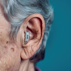 Fototapeta premium Close-up of an elderly person's ear with a hearing aid.