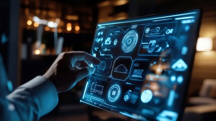 Close-up of a hand interacting with a futuristic digital display filled with glowing blue graphics and icons.