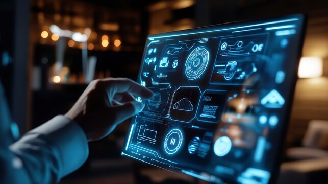 Close-up of a hand interacting with a futuristic digital display filled with glowing blue graphics and icons.