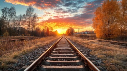 Obraz premium Railroad tracks lead into sunset. Perfect for a travel or journey theme.