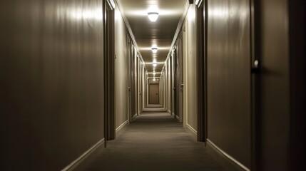 A dimly lit empty corridor in an apartment at night, showcasing a quiet and eerie atmosphere with shadows cast on the walls. 