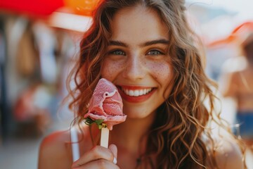 A smiling girl tries delicious ice cream on a stick.