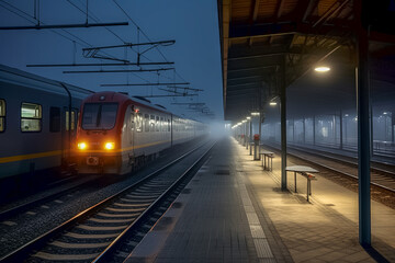 Beleuchteter Zug h&auml;lt an einem Bahnhof bei Nacht und Nebel, Generative AI