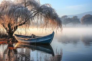 Altes Ruderboot mit einem Baum am Ufer eines mystischen Sees, Generative AI