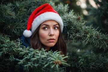 Woman hiding behind christmas tree. Girl with scared, open-eyed look in a santa claus hat looking out from the branches of juniper