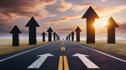An Asphalt Road Lined with Arrows of Achievement, Path to Success