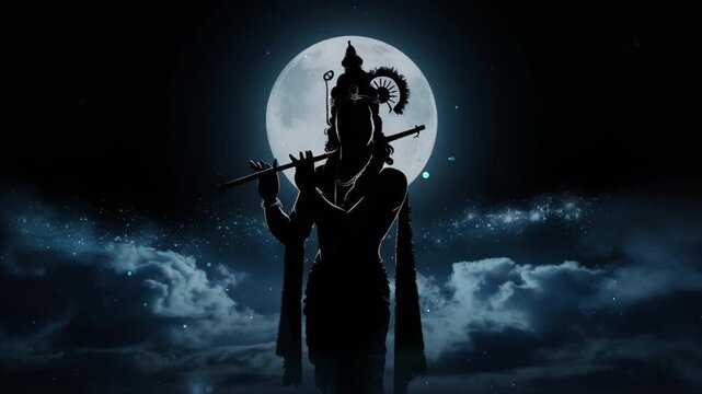Silhouette of Krishna playing flute under full moon and stars. Suitable for spiritual and celestialthemed designs, posters, cards, and articles.