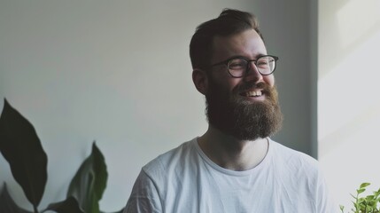 Obraz premium Bearded man in glasses laughs heartily, a soft smile lighting up the room, against a dark, leafy backdrop.