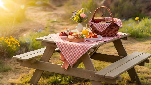 A checkered red tablecloth laid out on a wooden picnic table.