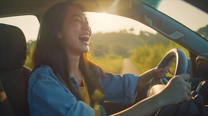 Fototapeta premium A woman joyfully laughs while driving, the warm sunlight streaming through the car window, creating a delightful, carefree atmosphere.