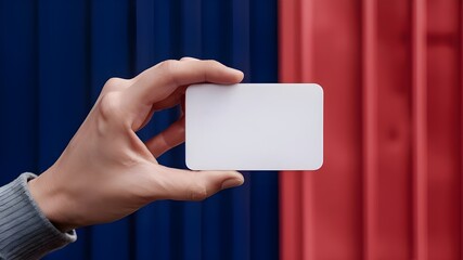 A modern business card design, featuring a plain white card with rounded corners held by a smooth, outstretched hand.