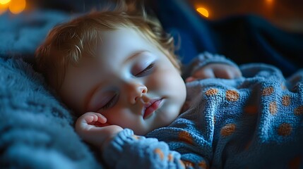 A peacefully sleeping baby wrapped in a blue blanket with orange polka dots, surrounded by a warm glow, ideal for use in parenting articles, baby product promotions, sleep aid advertisements